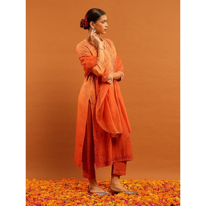 House of Chikankari Orange Chanderi Chikankari Mukaish Kurta with Pant and Dupatta