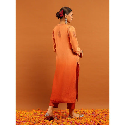 House of Chikankari Orange Chanderi Chikankari Mukaish Kurta with Pant and Dupatta
