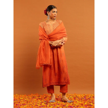 House of Chikankari Orange Chanderi Chikankari Mukaish Kurta with Pant and Dupatta