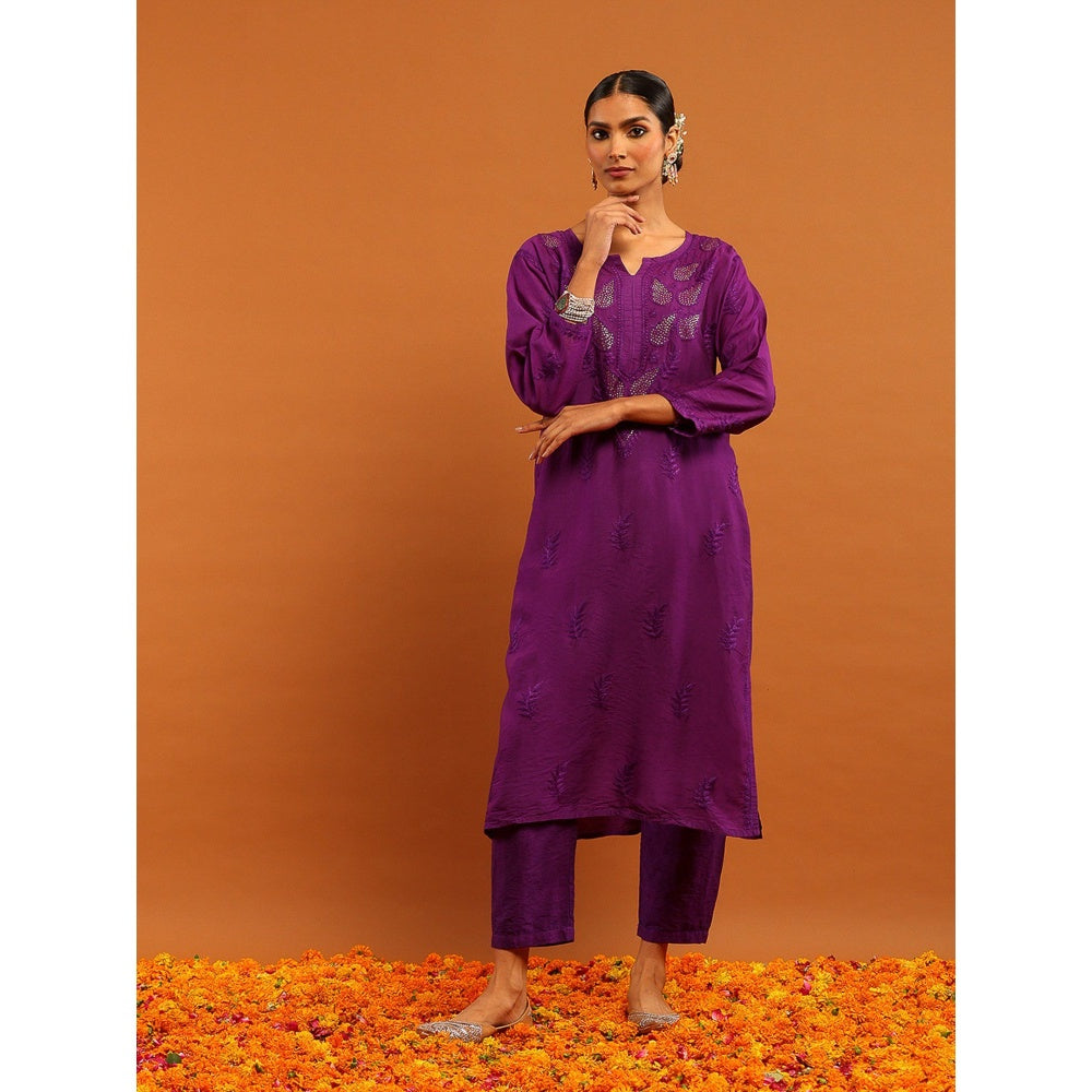 House of Chikankari Purple Chanderi Chikankari Mukaish Kurta with Pant