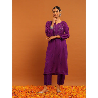 House of Chikankari Purple Chanderi Chikankari Mukaish Kurta with Pant