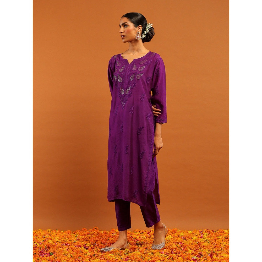 House of Chikankari Purple Chanderi Chikankari Mukaish Kurta with Pant