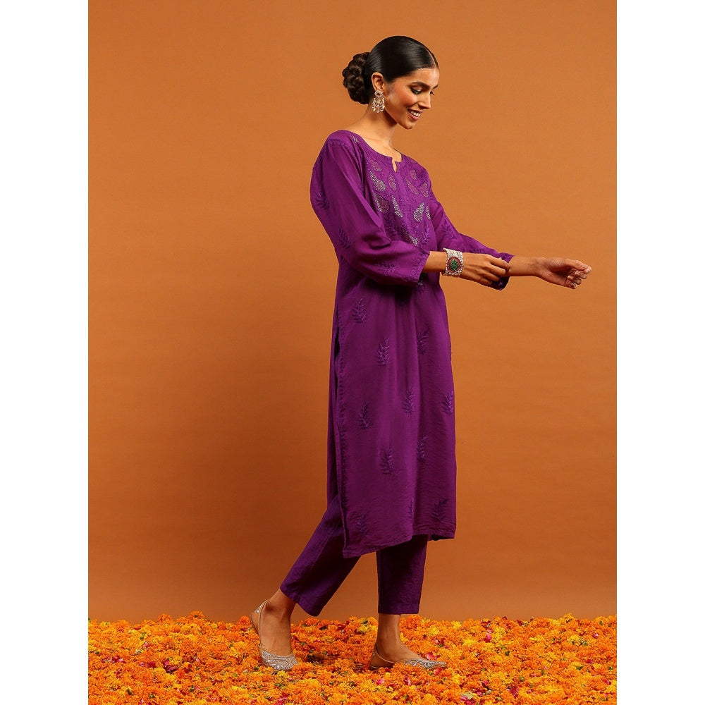 House of Chikankari Purple Chanderi Chikankari Mukaish Kurta with Pant
