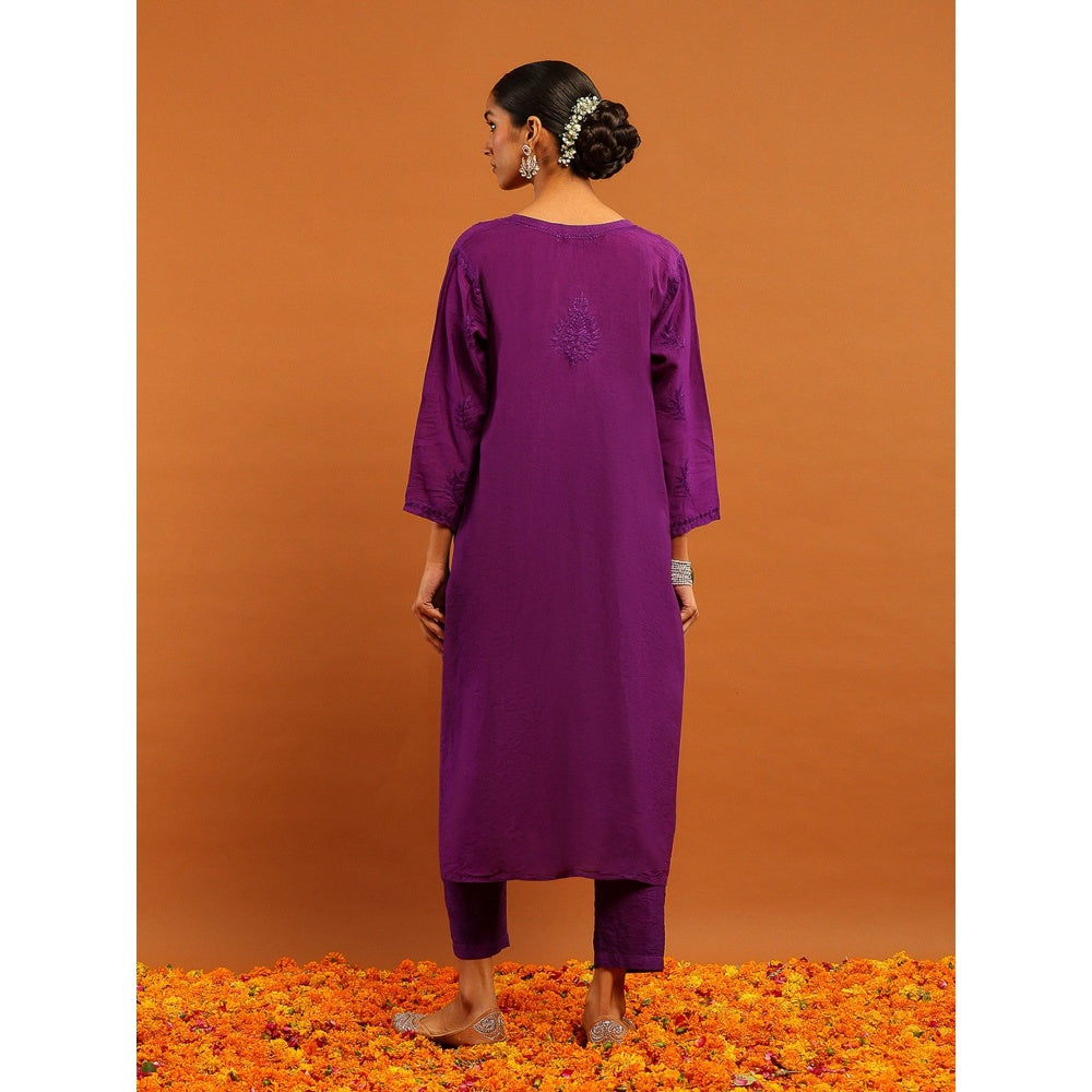 House of Chikankari Purple Chanderi Chikankari Mukaish Kurta with Pant