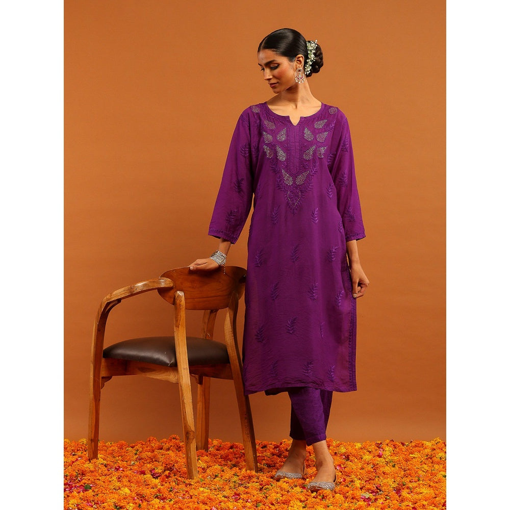 House of Chikankari Purple Chanderi Chikankari Mukaish Kurta with Pant