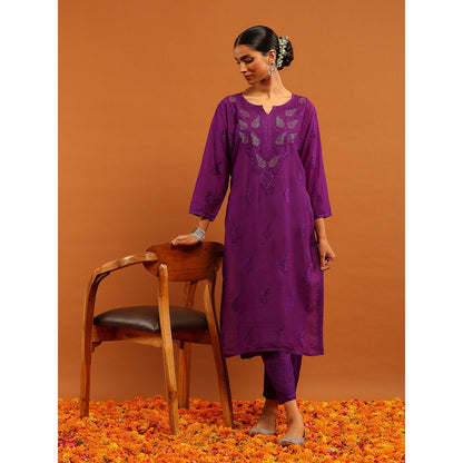 House of Chikankari Purple Chanderi Chikankari Mukaish Kurta with Pant