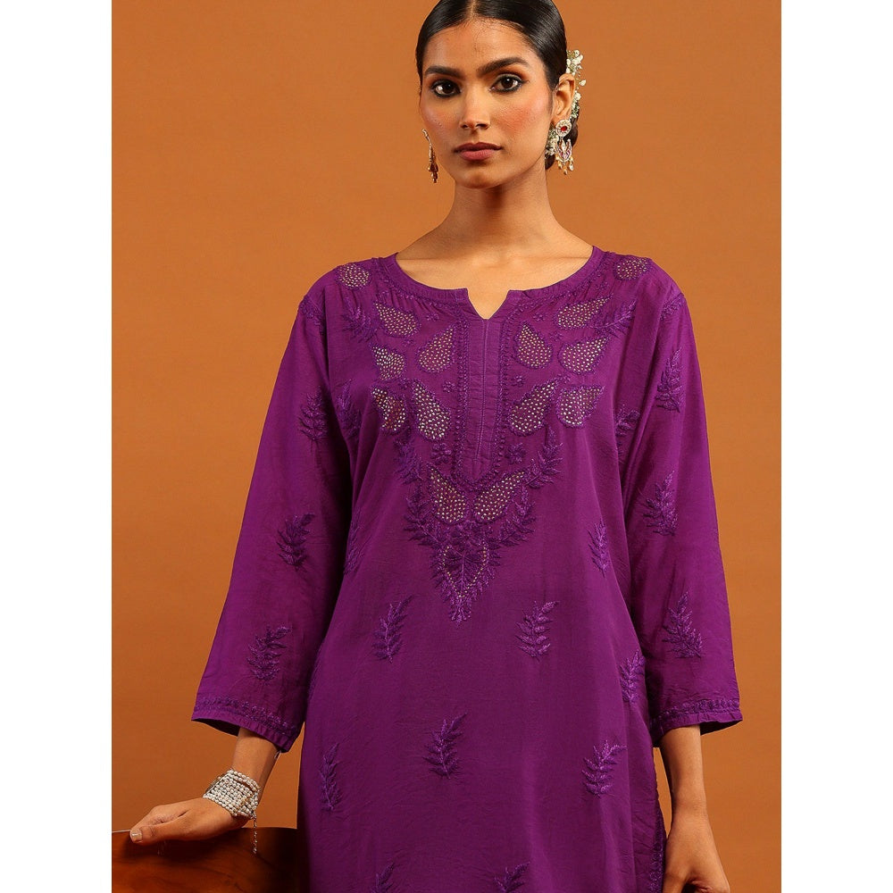 House of Chikankari Purple Chanderi Chikankari Mukaish Kurta with Pant