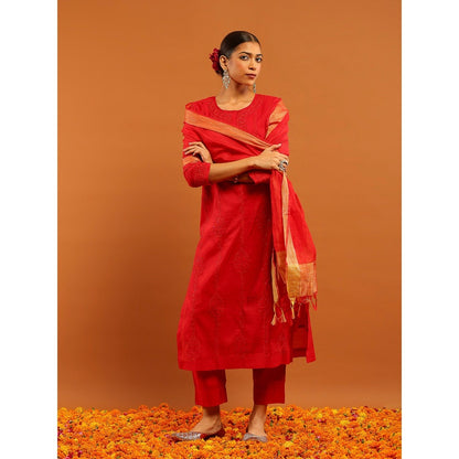 House of Chikankari Red Chanderi Chikankari Mukaish Kurta with Inner, Pant and Dupatta