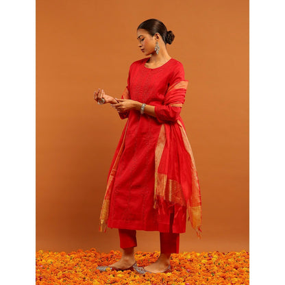 House of Chikankari Red Chanderi Chikankari Mukaish Kurta with Inner, Pant and Dupatta