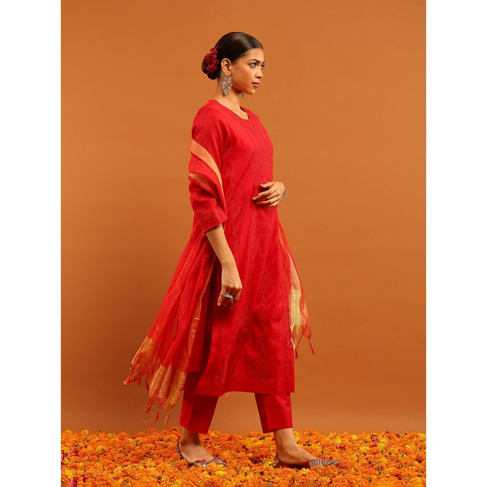 House of Chikankari Red Chanderi Chikankari Mukaish Kurta with Inner, Pant and Dupatta