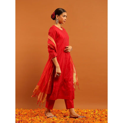 House of Chikankari Red Chanderi Chikankari Mukaish Kurta with Inner, Pant and Dupatta