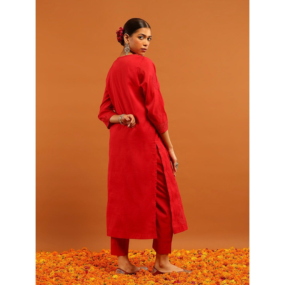House of Chikankari Red Chanderi Chikankari Mukaish Kurta with Inner, Pant and Dupatta