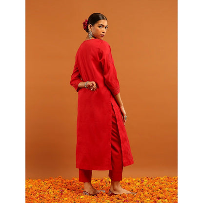 House of Chikankari Red Chanderi Chikankari Mukaish Kurta with Inner, Pant and Dupatta