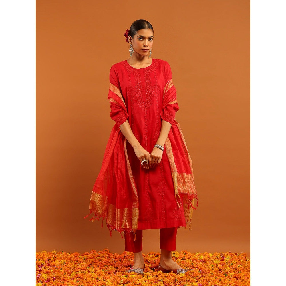 House of Chikankari Red Chanderi Chikankari Mukaish Kurta with Inner, Pant and Dupatta