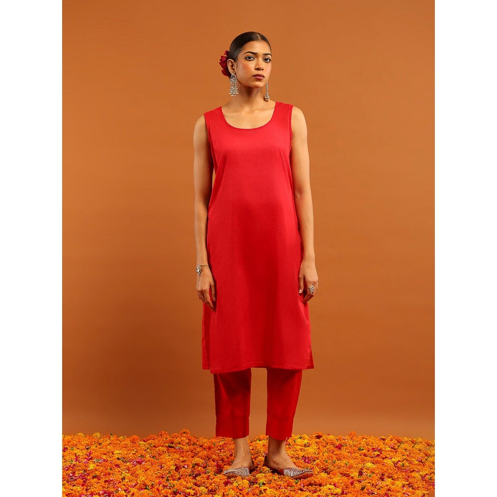 House of Chikankari Red Chanderi Chikankari Mukaish Kurta with Inner, Pant and Dupatta