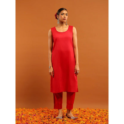 House of Chikankari Red Chanderi Chikankari Mukaish Kurta with Inner, Pant and Dupatta
