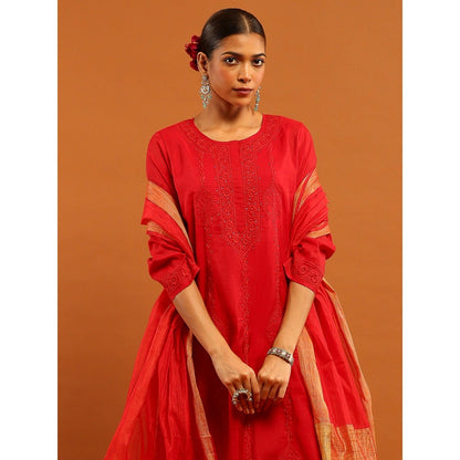 House of Chikankari Red Chanderi Chikankari Mukaish Kurta with Inner, Pant and Dupatta