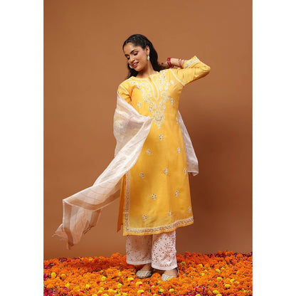 House of Chikankari Yellow Chikankari Kurta with Inner, Pant and Dupatta