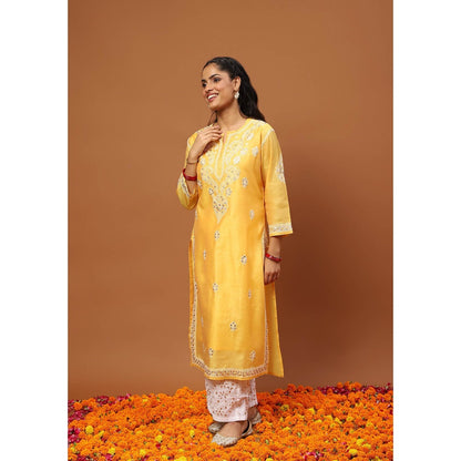 House of Chikankari Yellow Chikankari Kurta with Inner, Pant and Dupatta
