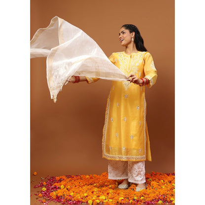 House of Chikankari Yellow Chikankari Kurta with Inner, Pant and Dupatta