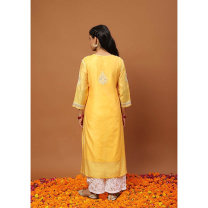 House of Chikankari Yellow Chikankari Kurta with Inner, Pant and Dupatta