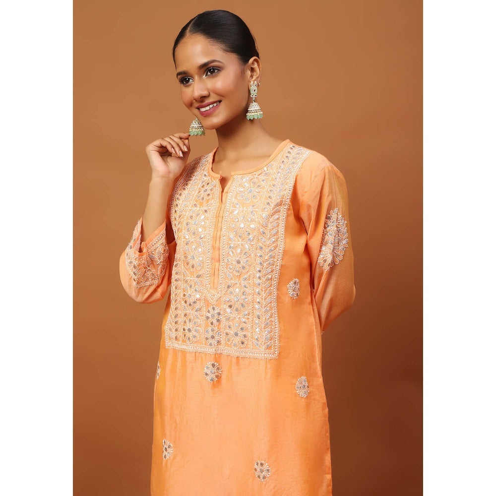 House of Chikankari Orange Chikankari Kurta with Inner, Pant and Dupatta