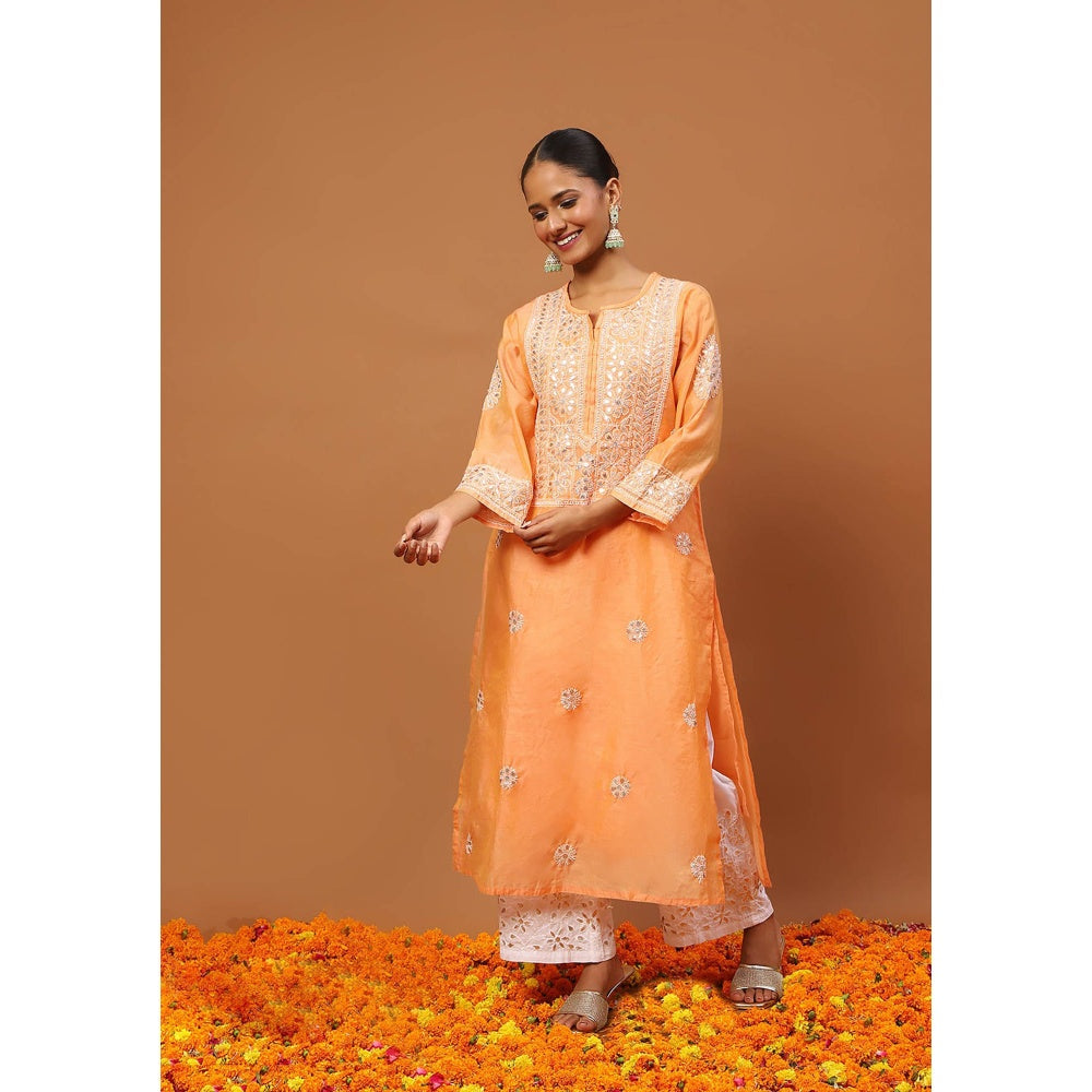 House of Chikankari Orange Chikankari Kurta with Inner, Pant and Dupatta