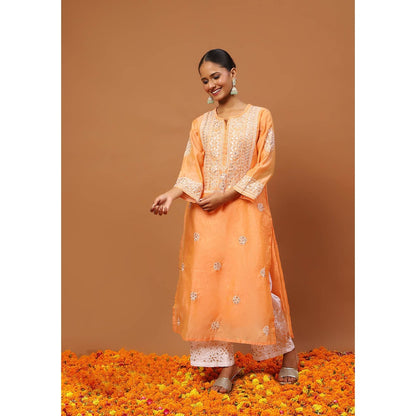 House of Chikankari Orange Chikankari Kurta with Inner, Pant and Dupatta