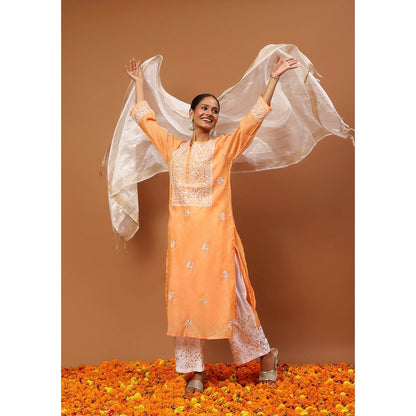 House of Chikankari Orange Chikankari Kurta with Inner, Pant and Dupatta