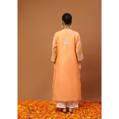 House of Chikankari Orange Chikankari Kurta with Inner, Pant and Dupatta