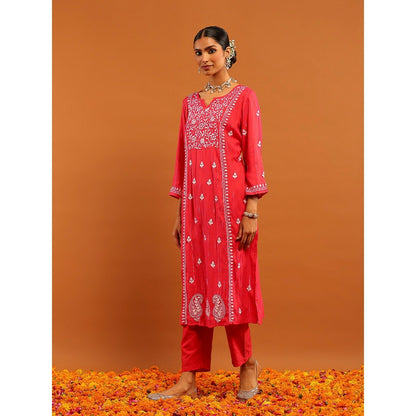 House of Chikankari Cotton Lurex Chikankari Womens Long Kurta- Pink