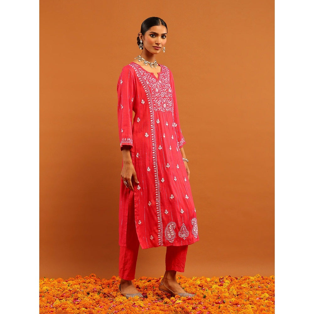 House of Chikankari Cotton Lurex Chikankari Womens Long Kurta- Pink