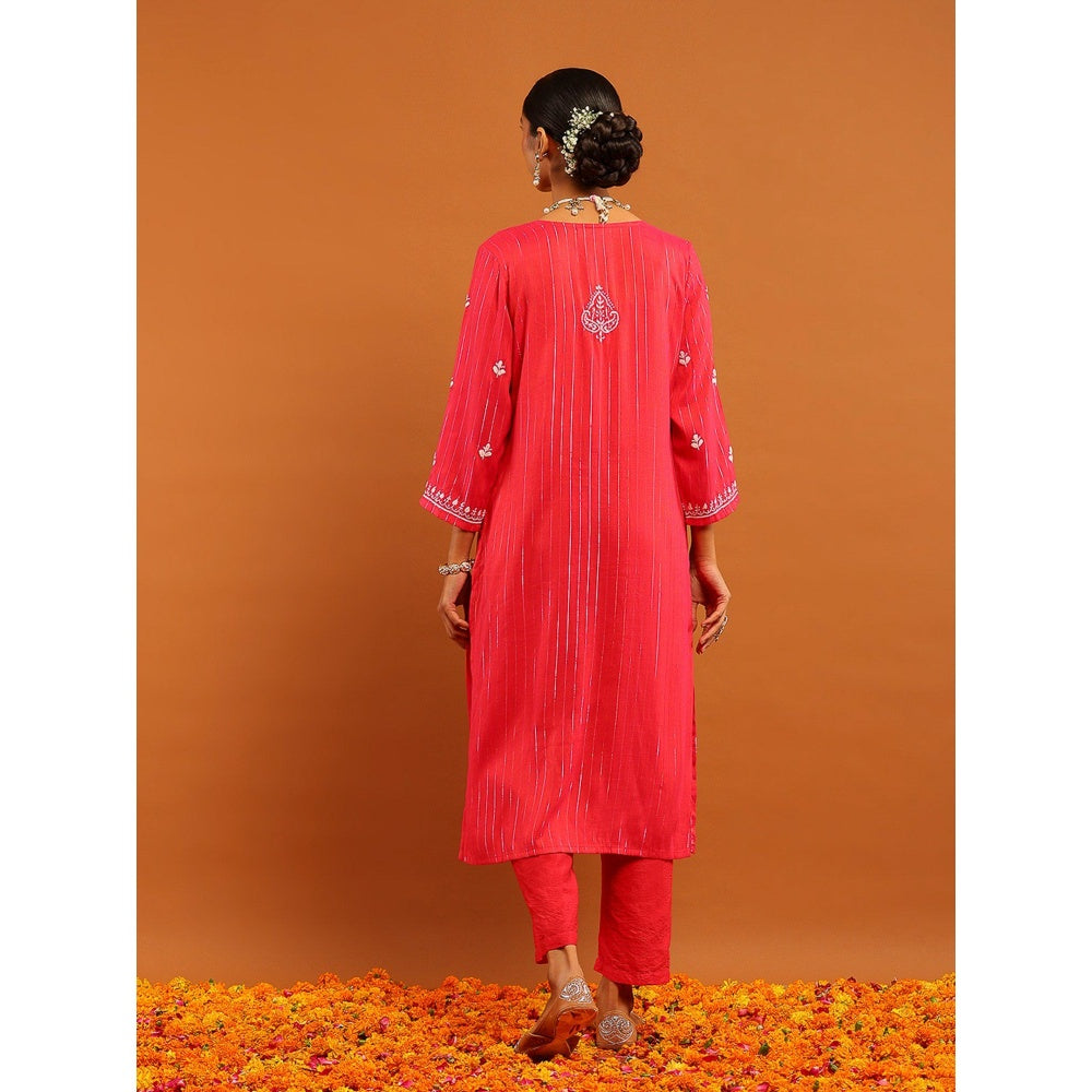 House of Chikankari Cotton Lurex Chikankari Womens Long Kurta- Pink