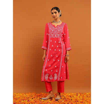 House of Chikankari Cotton Lurex Chikankari Womens Long Kurta- Pink
