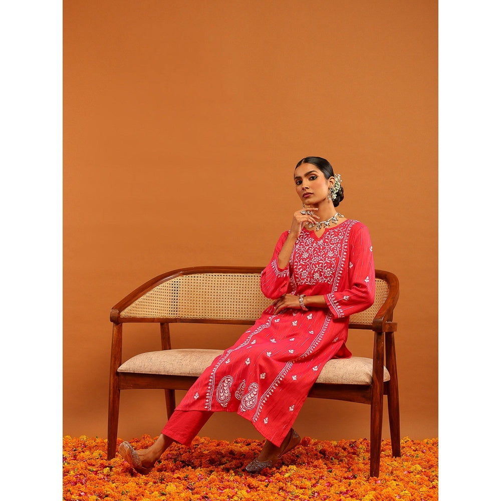 House of Chikankari Cotton Lurex Chikankari Womens Long Kurta- Pink