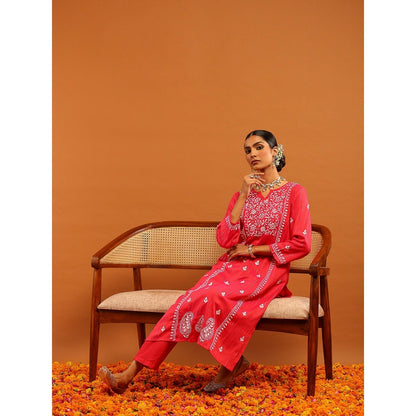 House of Chikankari Cotton Lurex Chikankari Womens Long Kurta- Pink