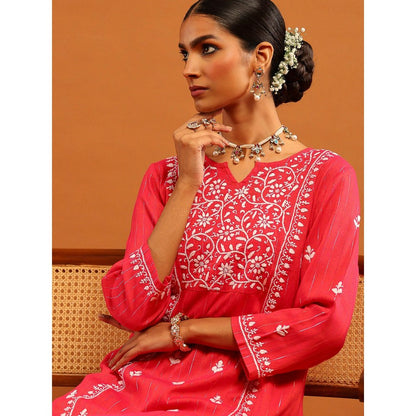 House of Chikankari Cotton Lurex Chikankari Womens Long Kurta- Pink