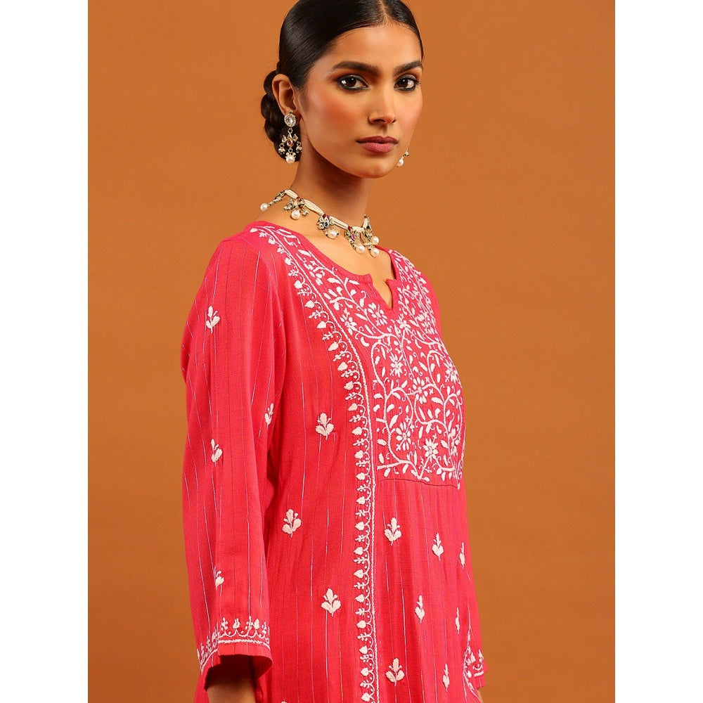 House of Chikankari Cotton Lurex Chikankari Womens Long Kurta- Pink