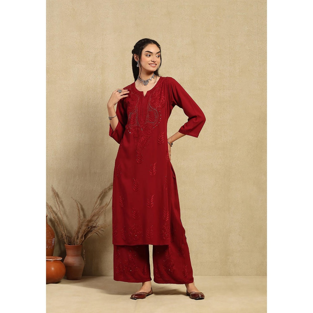 House of Chikankari Maroon Rayon Chikankari Women's Long Kurta with Palazzo