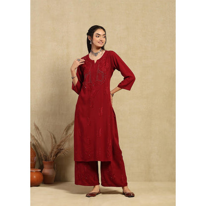 House of Chikankari Maroon Rayon Chikankari Women's Long Kurta with Palazzo