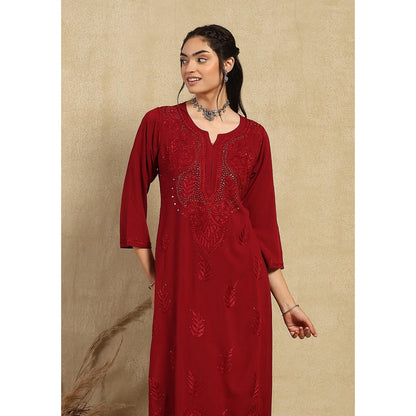 House of Chikankari Maroon Rayon Chikankari Women's Long Kurta with Palazzo