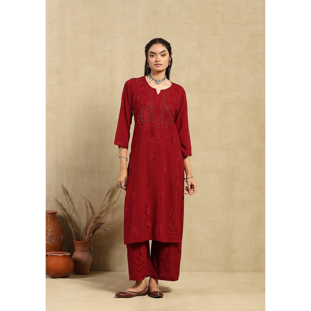House of Chikankari Maroon Rayon Chikankari Women's Long Kurta with Palazzo