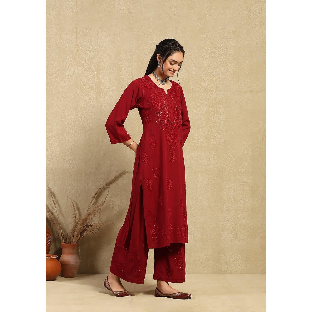 House of Chikankari Maroon Rayon Chikankari Women's Long Kurta with Palazzo