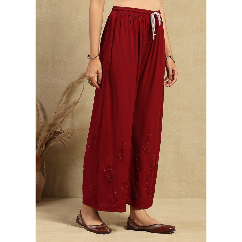 House of Chikankari Maroon Rayon Chikankari Women's Long Kurta with Palazzo