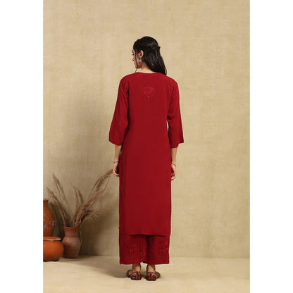 House of Chikankari Maroon Rayon Chikankari Women's Long Kurta with Palazzo