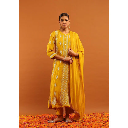House of Chikankari Yellow Chanderi Chikankari Women's Anarkali with Pant and Dupatta