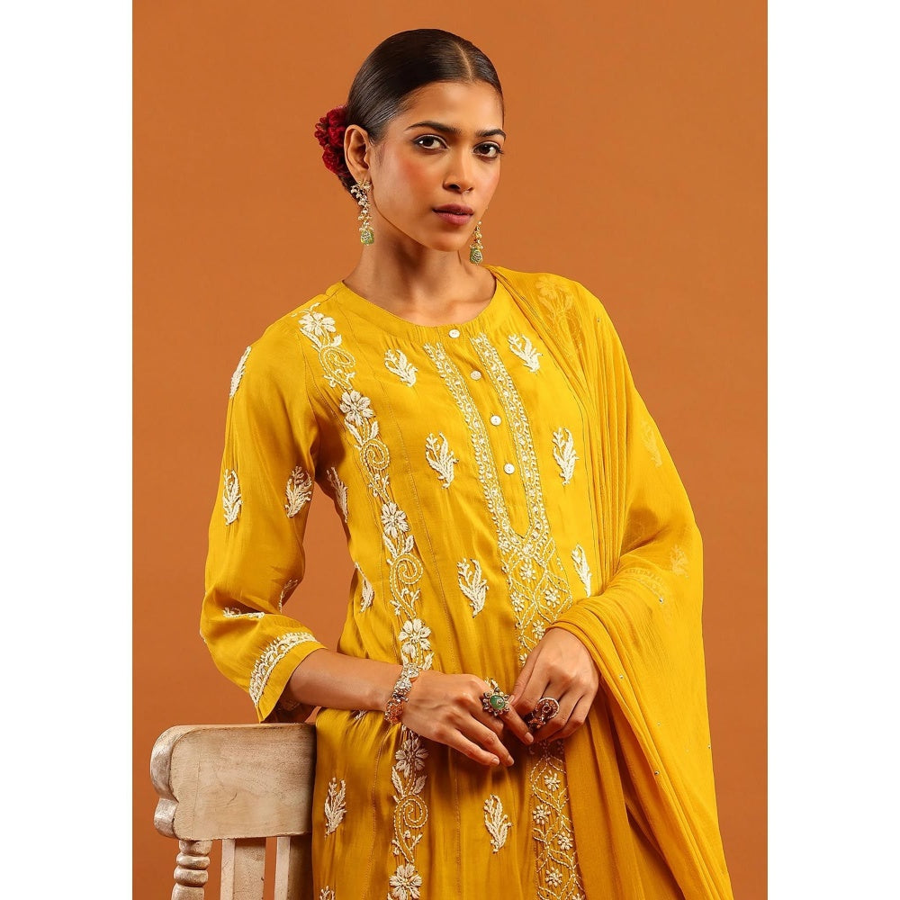 House of Chikankari Yellow Chanderi Chikankari Women's Anarkali with Pant and Dupatta