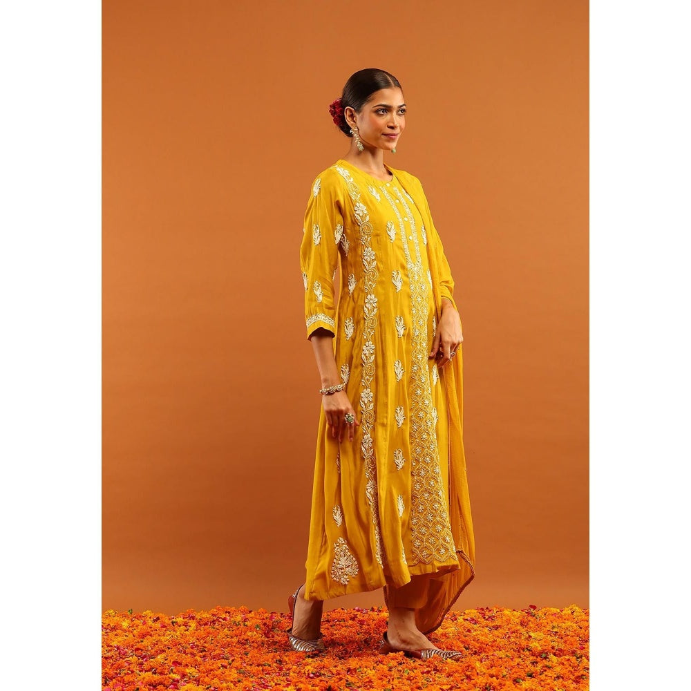 House of Chikankari Yellow Chanderi Chikankari Women's Anarkali with Pant and Dupatta