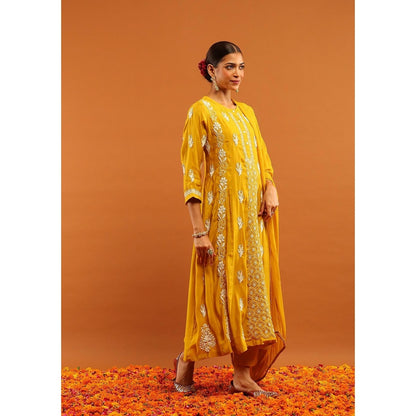 House of Chikankari Yellow Chanderi Chikankari Women's Anarkali with Pant and Dupatta