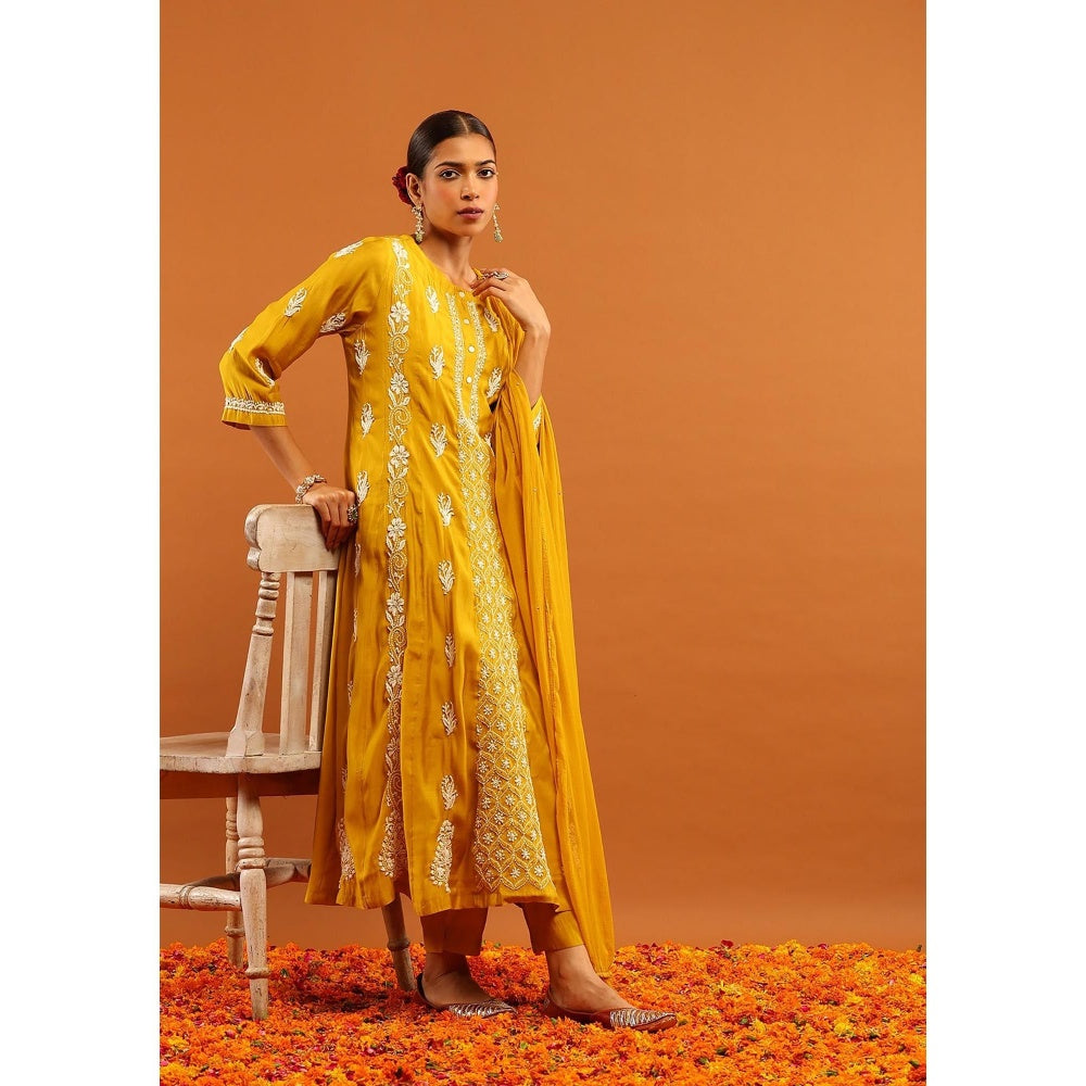 House of Chikankari Yellow Chanderi Chikankari Women's Anarkali with Pant and Dupatta